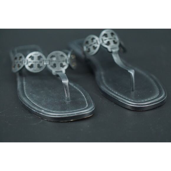 Tory Burch Miller Tiny Black Leather Thong Sandals SZ 7.5 $235 Logo Flip Flop - Picture 2 of 9
